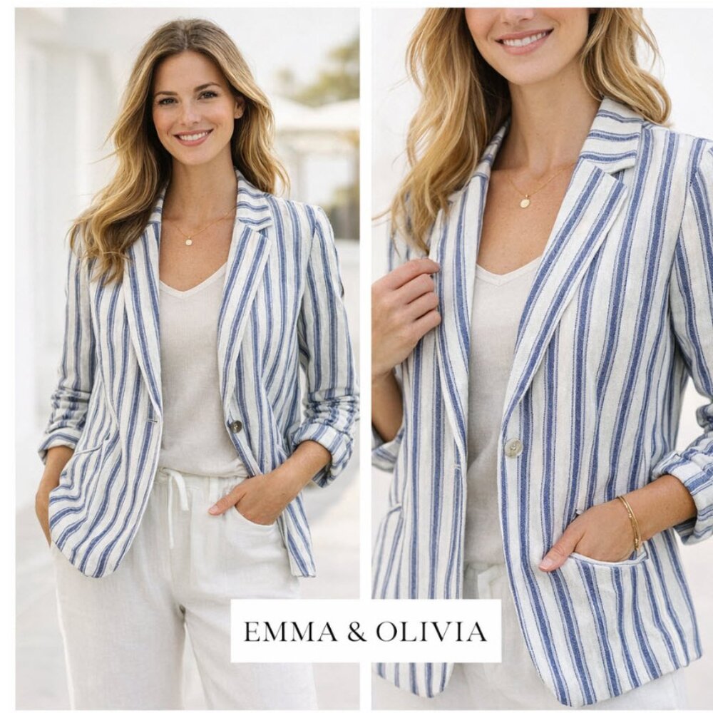 Emma & Olivia Blue White Striped Blazer linen Size XL